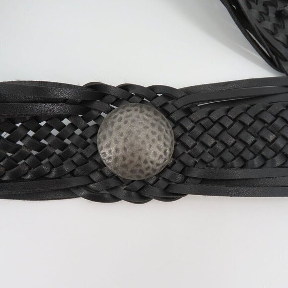 Womens One Size OSFM Faux Leather Black Braided Woven Metal Medallion Belt - Picture 3 of 9